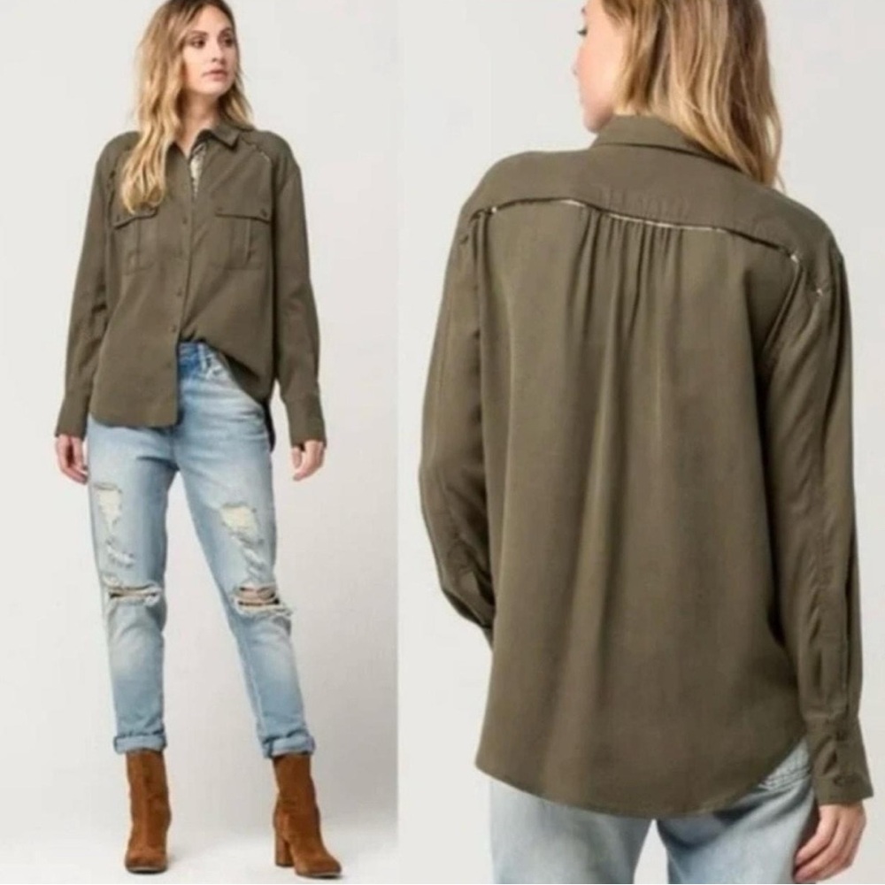 Free People Olive Green Metallic Button Down Top Casual Boho Preppy Size M
